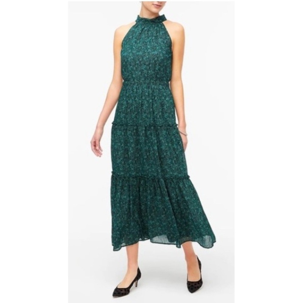 J.Crew‎ Tie Neck Maxi Dress 6 Black Green Floral Chiffon Tiered Halter Cottage